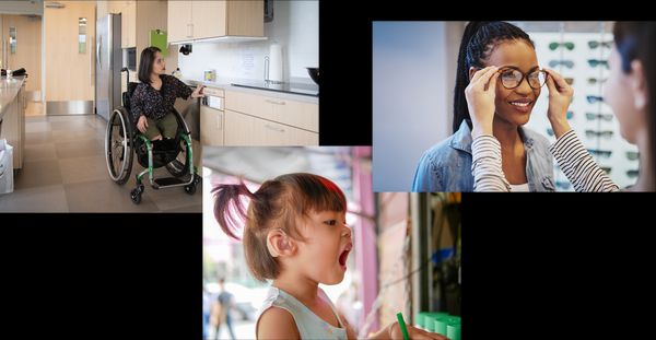 A South Asian person sits in her wheelchair and presses a button to lower the height-adjustable shelves in an accessible kitchen.; a girl playing while wearing a hearing aid; a woman being fitted for eyeglasses.