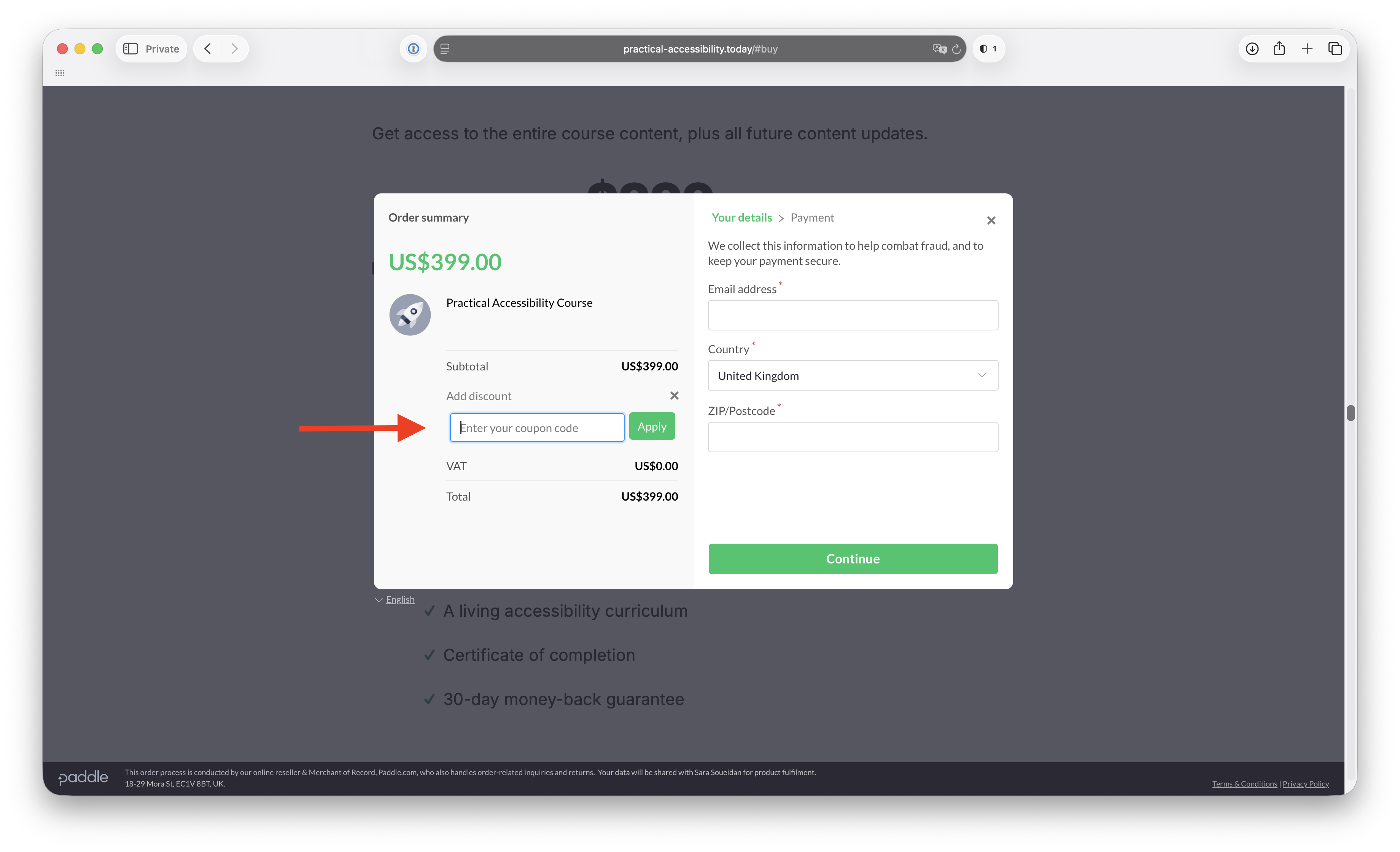Screenshot of the Paddle checkout page on desktop showing the input field and button that appears when you click the 'Add discount' text.